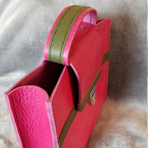 Pink and Olive Green Leather Top Handle Handbag - Picture 7 of 7